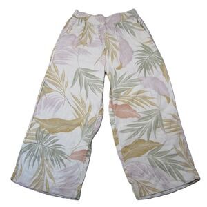 Tahari Linen Wide Leg Capri Pants Womens L White Tropical Pull On Coastal Resort